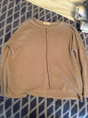 Zenana Outfitters Waffle Crewneck Sweater - Taupe Brown
